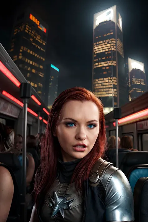 Marvel Cinematic Universe ,(best quality), (detailed) , breathtaking, <lora:quiron_KatjaKassin_v1_Lora:0.97> KatjaKassinQuiron, redhead, a woman, Dystopian style 4K close-up medium shot at dawn, a single woman sitting in a bus, (illuminated blue eyes: 1); the image was taken inside a crowded bus; there is heavy rain, lit skyscrapers, and lightning in the background. Bleak, post-apocalyptic, somber, dramatic, highly detailed . Bleak, post-apocalyptic, somber, dramatic, highly detailed,, . Superheroes, epic battles, colorful, highly detailed