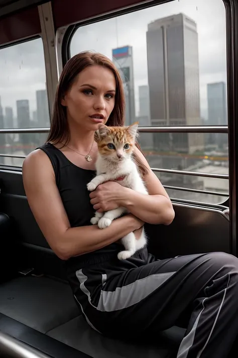 cinematic film still ,(best quality),  (detailed) , breathtaking,     <lora:quiron_KatjaKassin_v1_Lora:0.97> KatjaKassinQuiron, redhead, a woman, Dystopian style 4K close-up medium shot at dawn, a single woman sitting in a bus, (illuminated blue eyes: 1); the image was taken inside a crowded bus; there is heavy rain, lit skyscrapers, and lightning in the background. Bleak, post-apocalyptic, somber, dramatic, highly detailed . Bleak, post-apocalyptic, somber, dramatic, highly detailed,, . shallow depth of field, vignette, highly detailed, high budget Hollywood movie, bokeh, cinemascope, moody, epic, gorgeous, film grain, grainy, , realistic, depth of field, RAW photo,  a  woman Dressed in the (style of Mystical Louis Vuitton monogrammed bag with Track pants: Athletic-inspired, often with stripes down the sides.) with Golden Savannah in the background ,  Sitting, pretending to hold a small kitten,