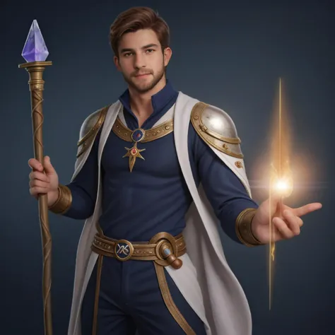 1boy, face,  realistic, muscle, mage outfit, holding a crystal staff, MAGIC CLOTHING, INFINITE MAGIC<lora:Daniel Adjuto:0.5>