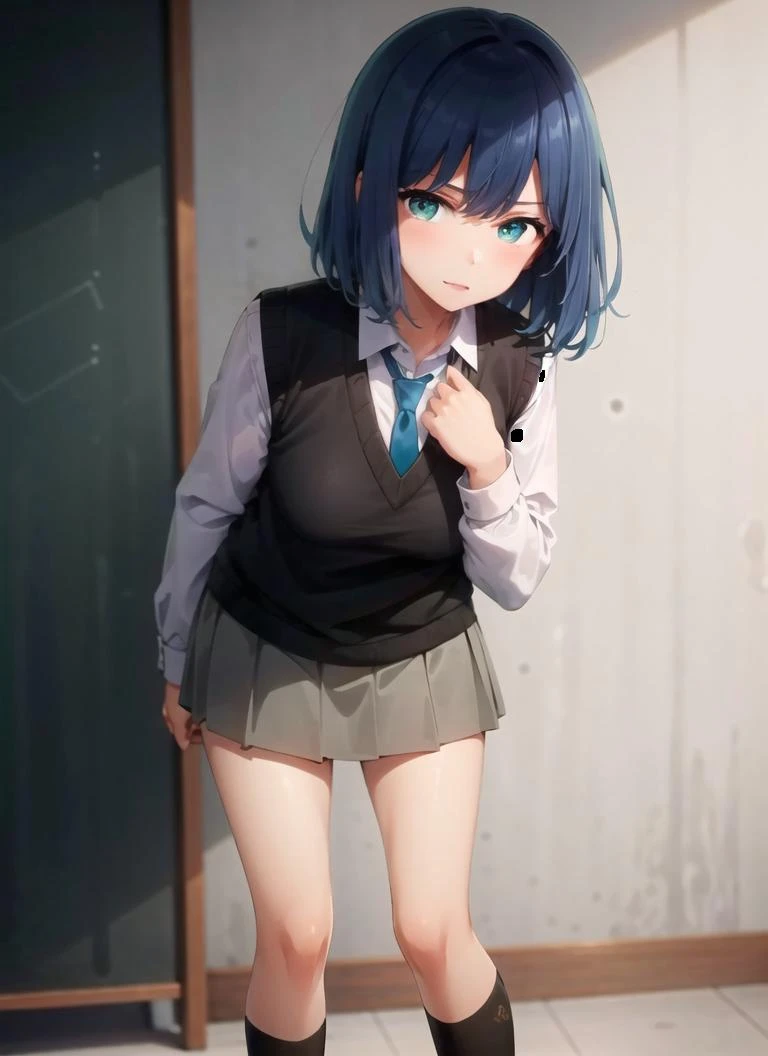 akanekurokawa, 1girl, blue hair, green eyes, bangs, school uniform, short hair, skirt, socks, sneakers, shoes, white footwear, black socks, pleated skirt, kneehighs, white shirt, blue necktie, long sleeves, vest, collared shirt, <lora:akanelora_a2:0.9> crassroom, sitting, (upper body), standing