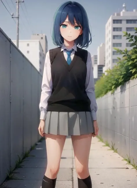 akanekurokawa, 1girl, blue hair, green eyes, bangs, school uniform, short hair, skirt, socks, sneakers, shoes, white footwear, black socks, pleated skirt, kneehighs, white shirt, blue necktie, long sleeves, vest, collared shirt, <lora:akanelora_a2:0.9> outdoor, city, urban,(upper body), standing
