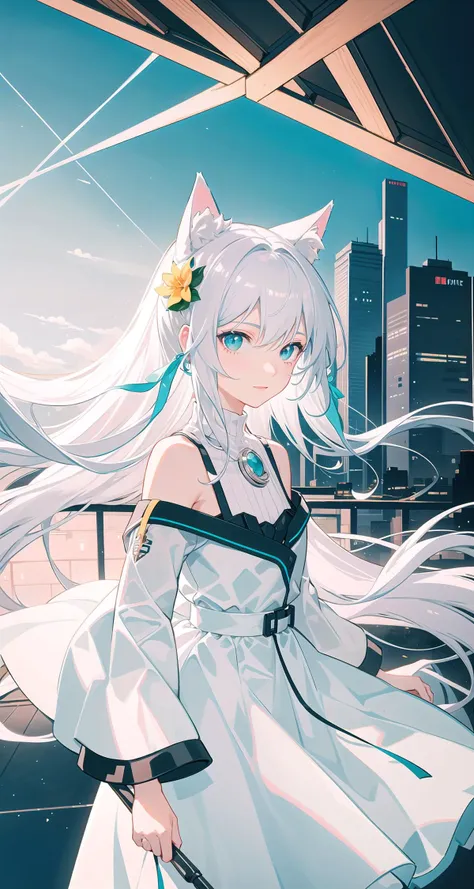 best quality, masterpiece, extremely detailed, detailed background, anime, depth of field,lens flare,solo focus,
(face focus),(close-up), Dynamic angle,
(1girl:1.2), aqua eyes, white hair, long hair, high ponytail,hair flower, white cat ears,cat ears, cat girl, sparkling eyes, black pantyhose, looking at viewer, light smile,white dress,smug,
flat color, limited palette, low contrast, standing, smoke, city, sunset, sky scrapers, bridge, road signs, border, black, yellow, cyan, orange ,grey, cyberpunk,
science fiction, sci-fi, concept,retro artstyle, vintage, lamp,
best quality, masterpiece, extremely detailed, detailed background, anime, cinemagraph, landscape, scenery, cinema lighting,