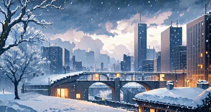 cityscape, scenery, city, no humans, sky, building, skyscraper, cloud, city lights, cloudy sky, outdoors, border, tree, skyline, rain, snowing, snow,(pixel art)