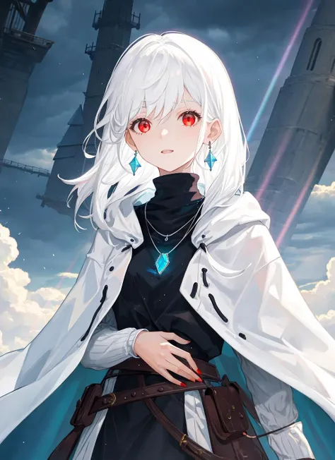 glowing light white sacred tower,1girl, White hair,Red eyes,taut shirt,poncho,Dark Souls,god rays,Dark sky,black clouds,Blue earrings,Gem necklace