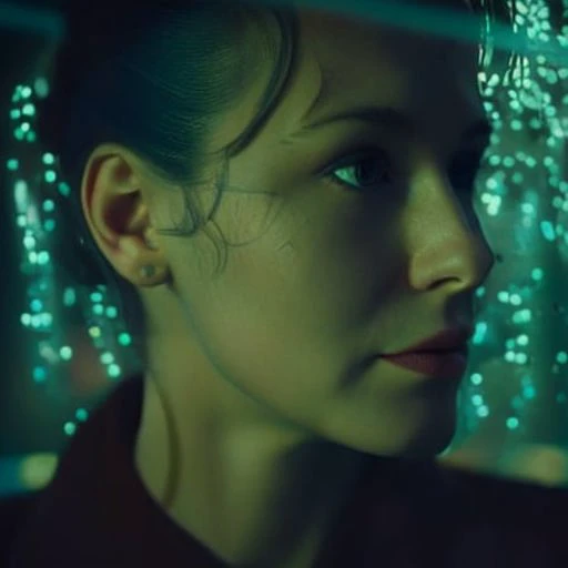 (35mmstyle:1) artstyle close up portrait photo Film still from a woman in futuristic movie where the world is ran by Robots, rainy window in background out of focus, desaturated, green, side angle, depth of field