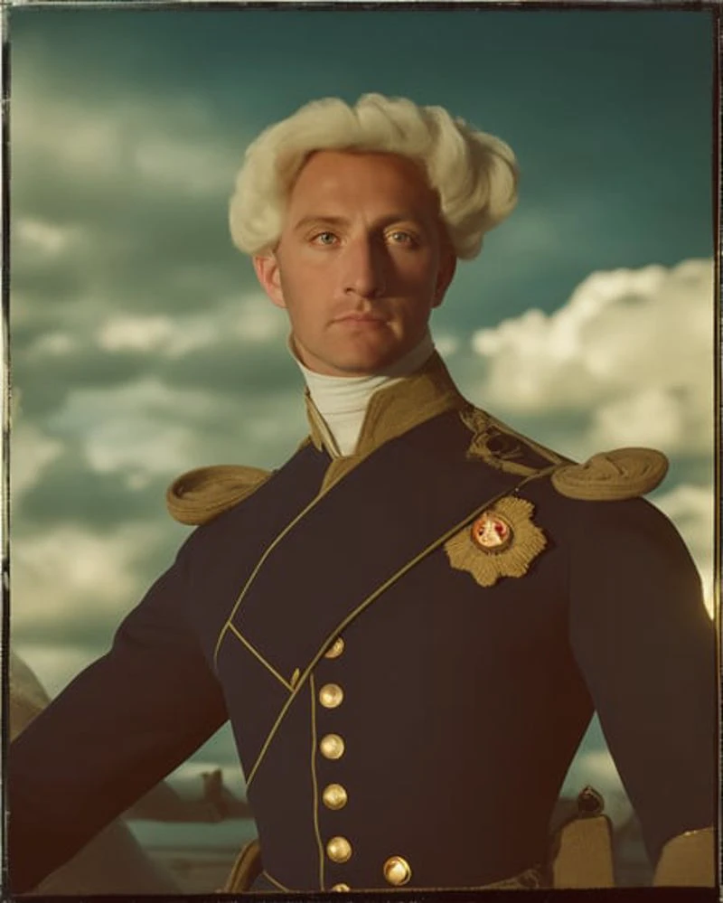 analog style, photo of a Caucasian man wearing 19th century naval uniform, cumulonimbus clouds, detailed sky, on a sailing ship, at sea