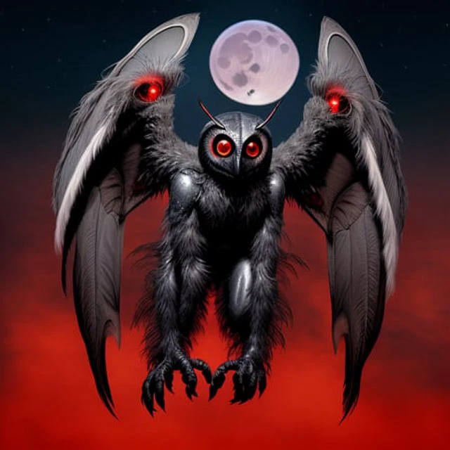 the mothman, big glowing red eyes, furry skin, feathered wings, long talons, flying in front of a full moon