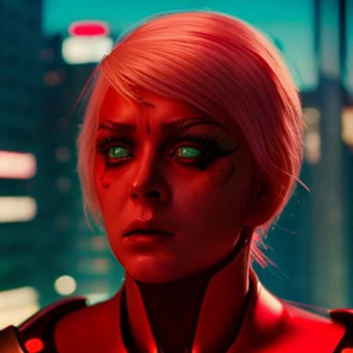 (35mmstyle:1) artstyle 1956 close up portrait photo Cyberpunk Film still of a humanoid robot covered in blood angry extremely in a horror film, A futuristic window with view of a cyberpunk city is behind her in the background out of focus, depth of field