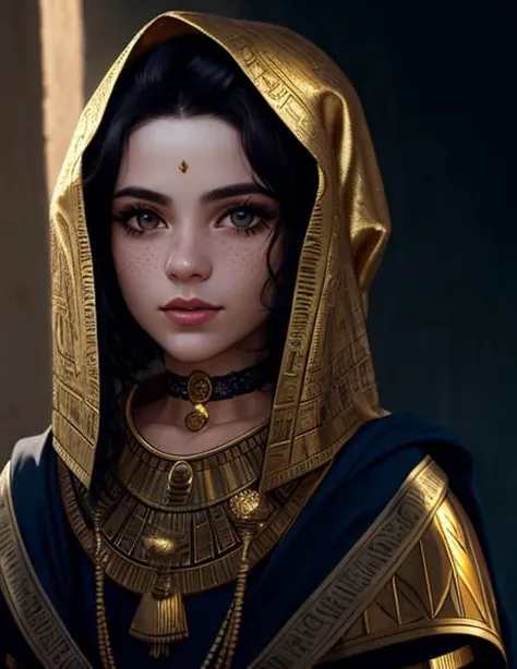 realistic photo, masterpiece, highest quality, high quality, cute, (detailed face and eyes:1.1), (freckles:0.8), gold choker, intricate Egyptian gold and black armor, white cloak, hieroglyphics, by Jeremy Lipking, by Antonio J Manzanedo, short black hair with gold highlights, messy hair, (gold eyes), royal, midriff, navel, dusk lighting, small breasts, thighs, hands behind head, desert background