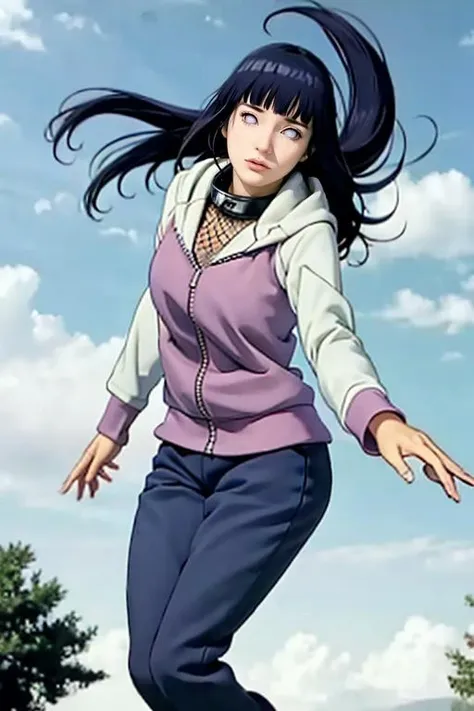masterpiece, absurdres, 1girl, hinata, solo,hooded jacket, fishnets, looking at viewer, floating hair, wind, blue pants, , hinata,<lora:divine-hinata-20:0.9>,(looking at viewer:1.2), natural lighting, outdoors, full body, forehead protector, hoodie, sexy pose, lewd pose