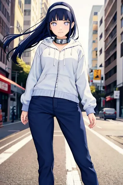 masterpiece, absurdres, 1girl, hinata, solo,hooded jacket, fishnets, headband around neck, looking at viewer, floating hair, wind, blue pants,  , hinata,<lora:divine-hinata-20:0.5>,(looking at viewer:1.2), natural lighting, foutdoors, full body, fishnets, forehead protector,  hoodie, sexy pose, lewd pose