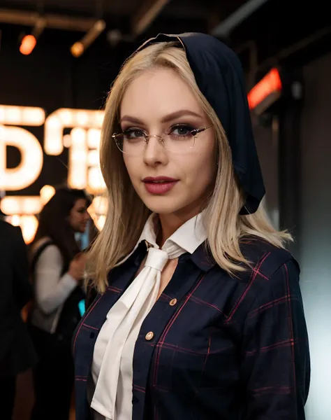 cinematic photo  <lora:quiron_VivianLola_v1_Lora:0.87> VivianLolaQuiron,     (best quality),  (detailed), film grain, skin details, 4k, photoshoot of a woman,  blond hair,  realistic, Dappled Light,  (look at viewer), (skin texture),   cinematic light, sidelighting, best shadow, RAW, Dutch angle, (Meditating), Avant-garde Mustard Flannel pajamas with Ascot tie, Veil,  . 35mm photograph, film, bokeh, professional, 4k, highly detailed, ,realistic,intricate detailed,  flash photography,   realistic, amazing photo of a pretty woman  wearing librarian clothes, , at blurred background crowded nightclub party background,