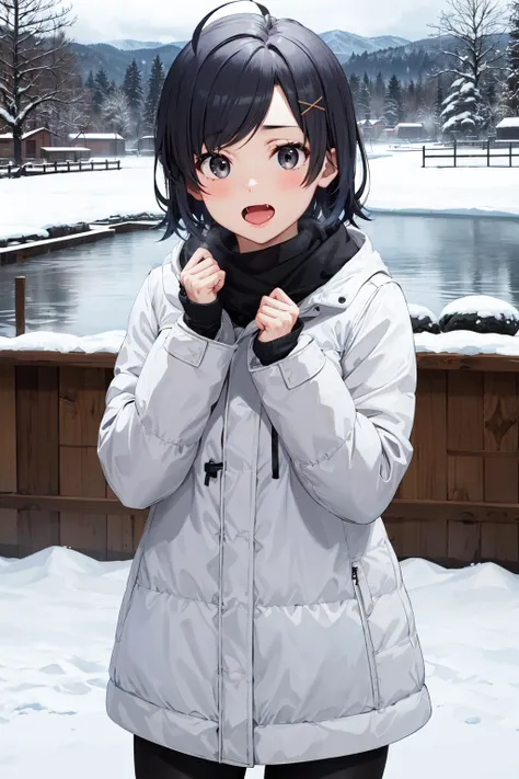 masterpiece, best quality, highres, aakomachi, short hair, ahoge, black eyes, hairclip, x hair ornament, <lora:hikigaya_komachi_v1:0.7>, winter clothes, snow, outdoors, park, open mouth, fang, cowboy shot