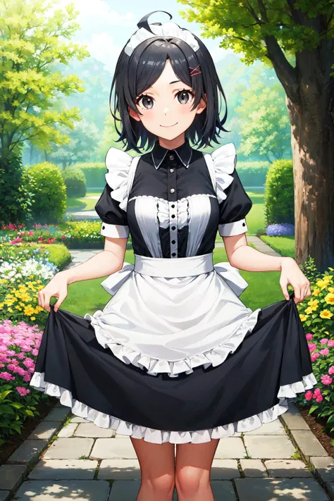 masterpiece, best quality, highres, aakomachi, short hair, ahoge, black eyes, hairclip, x hair ornament, <lora:hikigaya_komachi_v1:0.7>, maid, maid headdress, garden, smile, skirt hold, standing,