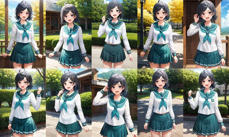 masterpiece, best quality, highres, aakomachi, short hair, ahoge, black eyes, hairclip, x hair ornament, serafuku, collarbone, sailor collar, aqua neckerchief, white shirt, long sleeves, aqua skirt, <lora:hikigaya_komachi_v1:0.7>, standing, cowboy shot, outdoors, smile, fang,