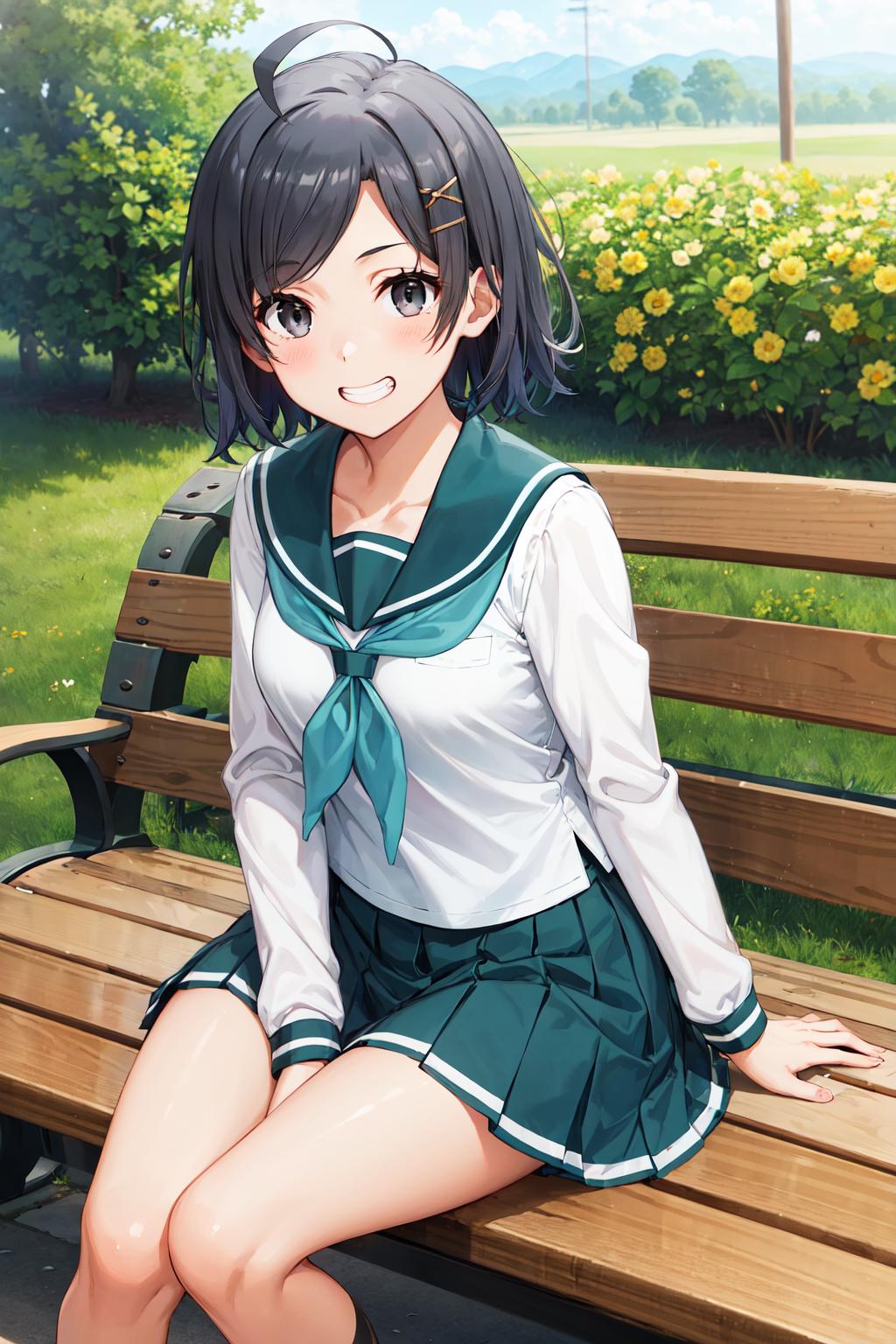 Anime girl sitting on a bench in a park with a green skirt - SeaArt AI