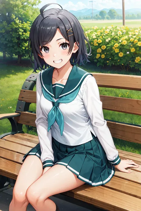 Anime girl sitting on a bench in a park with a green skirt - SeaArt AI