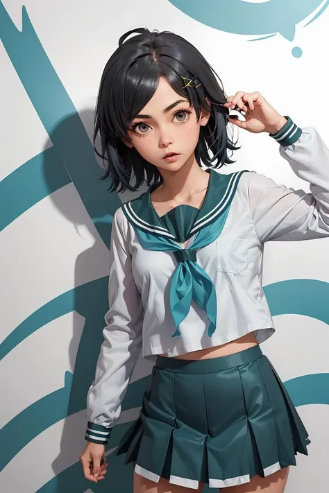 (masterpiece, best quality), 1girl, <lora:hikigaya_komachi_v1:1> aakomachi, short hair, ahoge, black eyes, hairclip, x hair ornament, serafuku, collarbone, sailor collar, aqua neckerchief, white shirt, long sleeves, aqua skirt