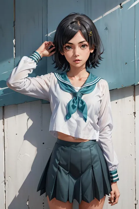 (masterpiece, best quality), 1girl, <lora:hikigaya_komachi_v1:1> aakomachi, short hair, ahoge, black eyes, hairclip, x hair ornament, serafuku, collarbone, sailor collar, aqua neckerchief, white shirt, long sleeves, aqua skirt