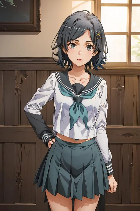 (masterpiece, best quality), 1girl, <lora:hikigaya_komachi_v1:1> aakomachi, short hair, ahoge, black eyes, hairclip, x hair ornament, serafuku, collarbone, sailor collar, aqua neckerchief, white shirt, long sleeves, aqua skirt