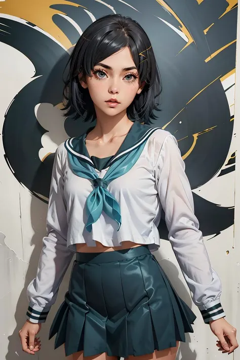 (masterpiece, best quality), 1girl, <lora:hikigaya_komachi_v1:1> aakomachi, short hair, ahoge, black eyes, hairclip, x hair ornament, serafuku, collarbone, sailor collar, aqua neckerchief, white shirt, long sleeves, aqua skirt