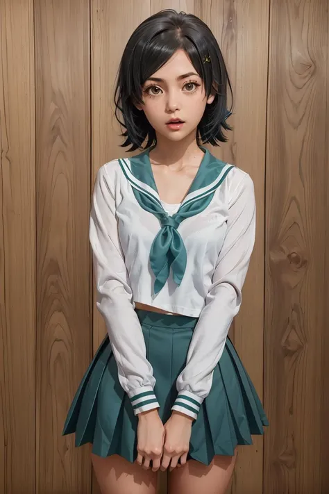 (masterpiece, best quality), 1girl, <lora:hikigaya_komachi_v1:1> aakomachi, short hair, ahoge, black eyes, hairclip, x hair ornament, serafuku, collarbone, sailor collar, aqua neckerchief, white shirt, long sleeves, aqua skirt