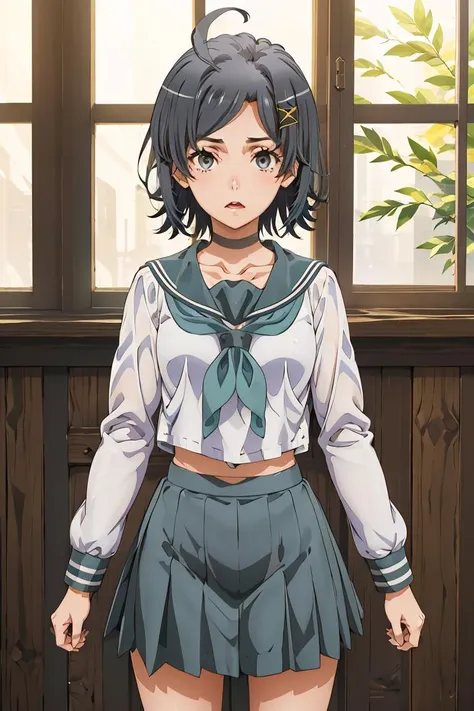 (masterpiece, best quality), 1girl, <lora:hikigaya_komachi_v1:1> aakomachi, short hair, ahoge, black eyes, hairclip, x hair ornament, serafuku, collarbone, sailor collar, aqua neckerchief, white shirt, long sleeves, aqua skirt