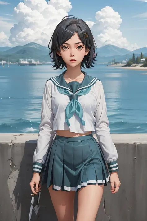 (masterpiece, best quality), 1girl, <lora:hikigaya_komachi_v1:1> aakomachi, short hair, ahoge, black eyes, hairclip, x hair ornament, serafuku, collarbone, sailor collar, aqua neckerchief, white shirt, long sleeves, aqua skirt