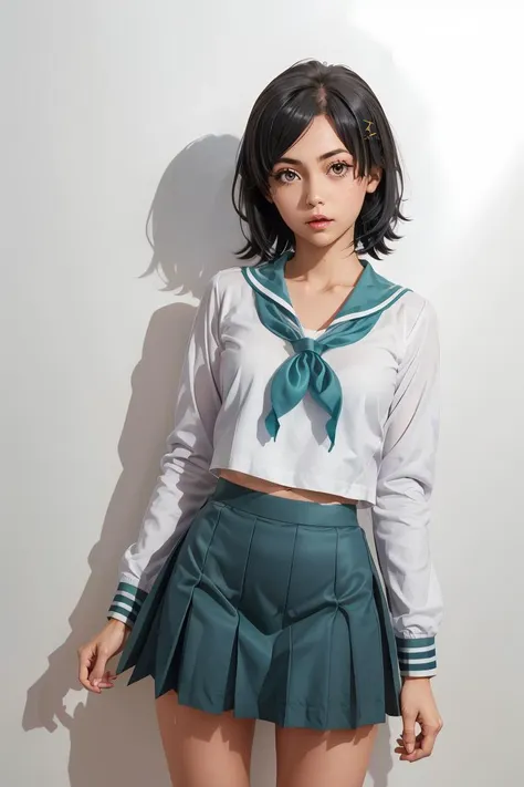 (masterpiece, best quality), 1girl, <lora:hikigaya_komachi_v1:1> aakomachi, short hair, ahoge, black eyes, hairclip, x hair ornament, serafuku, collarbone, sailor collar, aqua neckerchief, white shirt, long sleeves, aqua skirt