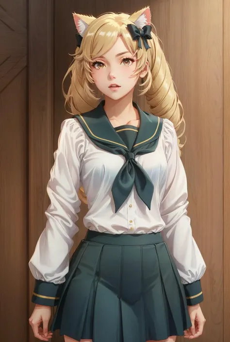 serafuku,sailor collar,aqua neckerchief,white shirt,long sleeves,aqua skirt <lora:ÐомаÑи OreGairu(aakomachi,short hair,ahoge,black eyes,hairclip,x hair ornament(serafuku,sailor collar,aqua neckerchief,white shirt,long sleeves,aqua skirt):0.6>, <lora:ÐоÑка-девоÑка из Ñок ÑоÑ(Himeko, very long hair, red eyes, hair bow, twin_drills, twintails, long hair,cat ears, yellow cat ears,):0.7>,Himeko, very long hair, red eyes, hair bow, twin_drills, twintails, long hair,cat ears, yellow cat ears, (((masterpiece))), (((best quality))), (((illustration))), (((finely detail))), ((extremely detailed cg unity 8k wallpaper, highres)), (beautiful detailed face and eyes and hair:1.1), (an extremely delicate and beautiful girl:1.2), ultra-detailed, ultra high res, high quality, 4K, extreamly delicate and beautiful, full_body, standing, in full growth, hourglass waist