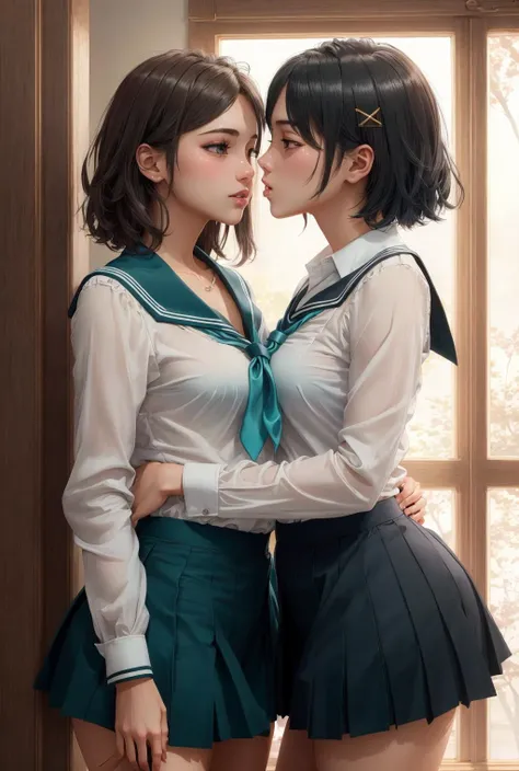 serafuku,sailor collar,aqua neckerchief,white shirt,long sleeves,aqua skirt <lora:ÐомаÑи OreGairu(aakomachi,short hair,ahoge,black eyes,hairclip,x hair ornament(serafuku,sailor collar,aqua neckerchief,white shirt,long sleeves,aqua skirt):0.6>,aakomachi,short hair,ahoge,black eyes,hairclip,x hair ornament, ((2girls)) in full growth, best quality, masterpiece, ultra-detailed, high quality, (no panties), no bra, yuri, yuri sex, lesbi, lesbi kiss, lesbi sex