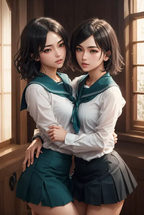 serafuku,sailor collar,aqua neckerchief,white shirt,long sleeves,aqua skirt <lora:ÐомаÑи OreGairu(aakomachi,short hair,ahoge,black eyes,hairclip,x hair ornament(serafuku,sailor collar,aqua neckerchief,white shirt,long sleeves,aqua skirt):0.7>,aakomachi,short hair,ahoge,black eyes,hairclip,x hair ornament, <lora:MultipleGirlsGroup(6+girls):1>,Multiple Girls, ((2girls)) in full growth, best quality, masterpiece, ultra-detailed, high quality, (no panties), no bra, yuri, yuri sex, lesbi, lesbi kiss, lesbi sex, ((2girls)) in full growth, best quality, masterpiece, ultra-detailed, high quality, (lovers, yuri, lesbians, female couple: 1.2), kissing, hugging, girls caressing each other, kissing breasts, whore, seduction pose, lesbian, ((lesbian sex)), against will, (no panties), no bra, 1girl in full growth, best quality, masterpiece, ultra-detailed, high quality, perfect nose, highly detailed skin, warm skin tone, defiance512, RAW photo, best quality, high resolution, (masterpiece), dreamlike, dreamy, modelshoot style, analog style, tonemapping, photorealistic, professional photography, sharp focus, HDR, 8K resolution, intricate detail, sophisticated detail, hyper detailed, (depth of field), highlight and shadow, volumetric lighting, cinematic bloom, professional light, looking at viewer, blotchy,
