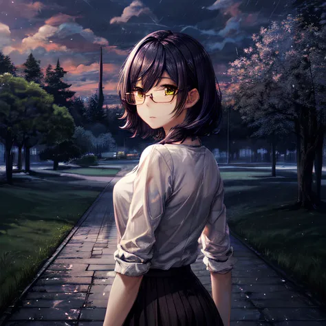 dawning horizon with big rain clouds, shatterd sky, sakura tree in front, girl from evelasting summer, yellow eyes, blue hair, eyeglasses