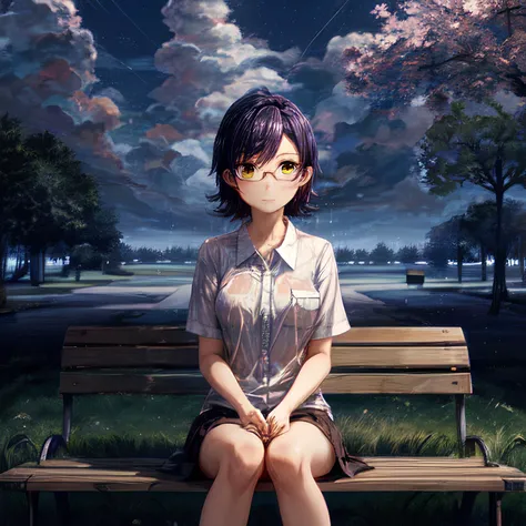 dawning horizon with big rain clouds, shatterd sky, sakura tree in front, girl from evelasting summer, yellow eyes, blue hair, eyeglasses, sitting on bench