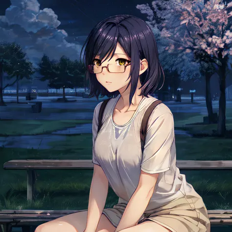 dawning horizon with big rain clouds, shatterd sky, sakura tree in front, girl from evelasting summer, yellow eyes, blue hair, eyeglasses, sitting on bench, side view, open chest, (best quality:1.3)
