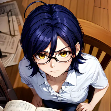 flowers in front, in soviet library, dust, girl from evelasting summer, yellow eyes, blue hair, eyeglasses, sitting on chair, (from above:1.2), (best quality:1.3), dark lighting, raised shirt, ahoge, angry look