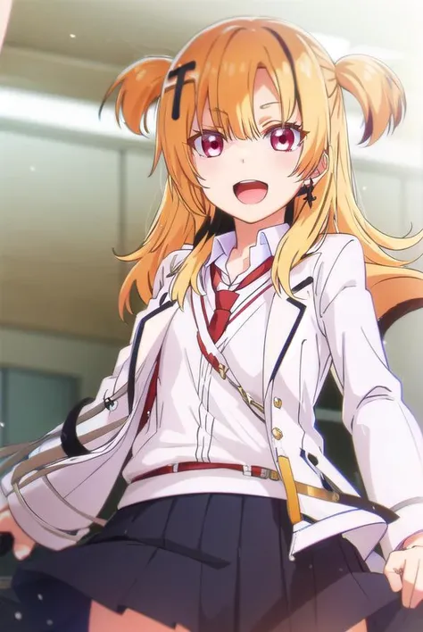 somalilonghaired, <lora:somali longhaired s1-lora-nochekaiser:1>,
somali longhaired, long hair, blonde hair, hair ornament, (red eyes:1.3), two side up, cross hair ornament, smile, open mouth,
BREAK skirt, shirt, thighhighs, jewelry, school uniform, jacket, pleated skirt, earrings, necktie, striped, pants, black skirt, blazer, red necktie, (white jacket:1.5),
BREAK indoors, classroom,
BREAK looking at viewer, (cowboy shot:1.5),
BREAK <lyco:GoodHands-beta2:1>, (masterpiece:1.2), best quality, high resolution, unity 8k wallpaper, (illustration:0.8), (beautiful detailed eyes:1.6), extremely detailed face, perfect lighting, extremely detailed CG, (perfect hands, perfect anatomy),