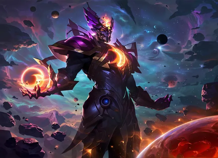 masterpiece, best quality, ultra-detailed, illustration, 1boy, solo, cowboy shot, <lora:darkstar-style-v11:0.8>, darkstar style, glowing, glowing eyes, space, planet, star /(sky/), black hole, holding black hole, helmet, purple skin, colored skin, armor