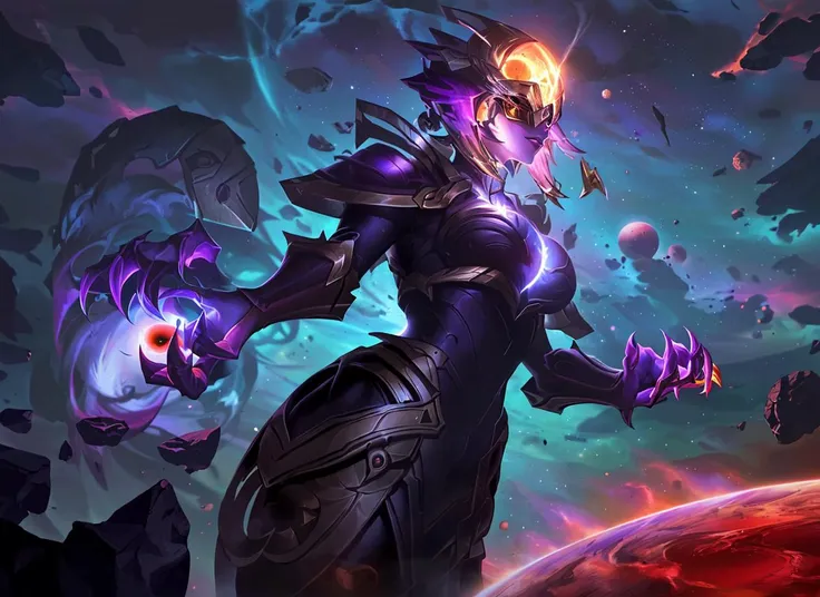 masterpiece, best quality, ultra-detailed, illustration, 1girl, solo, cowboy shot, <lora:darkstar-style-v11:0.8>, darkstar style, glowing, glowing eyes, space, planet, star /(sky/), black hole, holding black hole, helmet, purple skin, colored skin, claws, armor