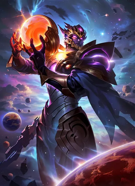 masterpiece, best quality, ultra-detailed, illustration, 1boy, solo, cowboy shot, <lora:darkstar-style-v11:0.6>, darkstar style, glowing, glowing eyes, space, planet, star /(sky/), black hole, holding black hole, helmet, purple skin, colored skin, armor