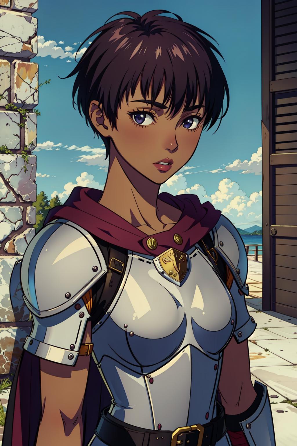 A woman in armor standing in front of a stone wall - SeaArt AI