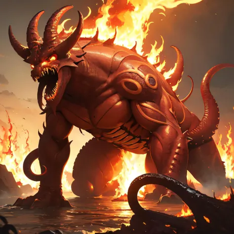 (masterpiece:1.2), (best quality:1.2)(intricate details)a gigant monster, tentacles, destrution, fire,