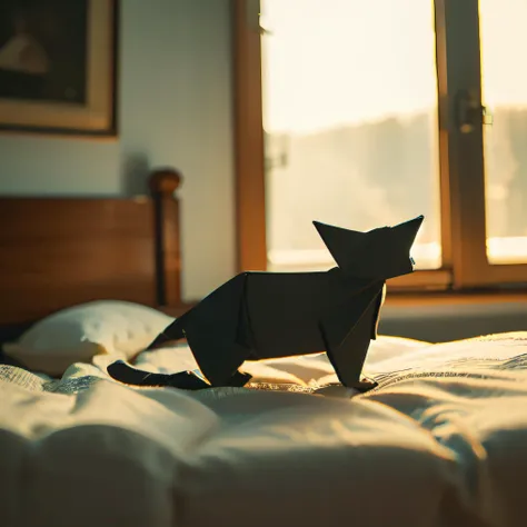 (masterpiece:1.2), (best quality:1.2)(intricate details) 1 cat over bed <lora:J_origami:1> J_origami