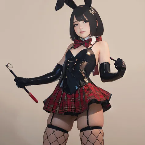 (masterpiece:1.2), (best quality:1.2)(intricate details),1boy, <lora:0294 Bunny girl in plaid skirt_v1:0.7> ruanyi0294,rabbit ears,fishnet thighhighs,black gloves,plaid skirt,fishnets,hair ornament,elbow gloves,