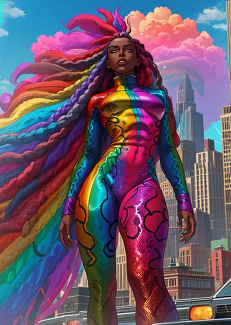 full shot, action scene, dynamic perspective, thin dark skinned woman, rainbow dreadlocks, iridescent rainbow body suit with snakeskin pattern, new york city rooftops, supervillain, evil expression, <lora:Fantasy-Magic-V1:1>  <lora:RainbowHairV1:1>