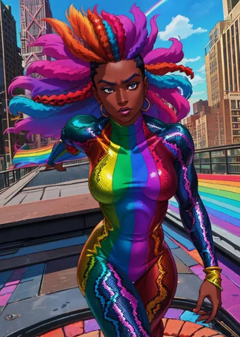 full shot, action pose, dynamic perspective, thin dark skinned woman, rainbow dreadlocks, iridescent rainbow body suit with snakeskin pattern, new york city rooftops, supervillain, evil expression, <lora:Fantasy-Magic-V1:1> <lora:RainbowHairV1:1>