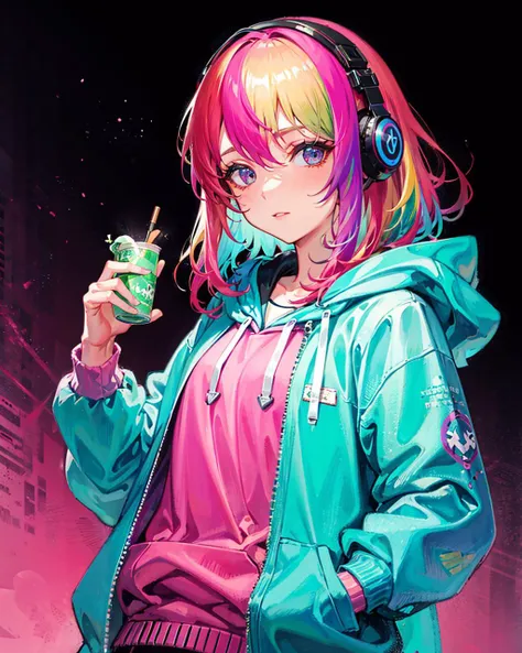 1girl,solo,rainbow hair, hoodie,straight hair, hand in pocket, headphones, <lora:RainbowHairV1:1>