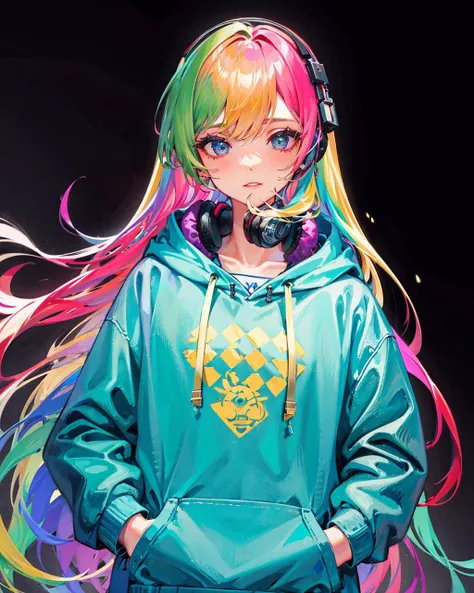 1girl,solo,rainbow hair, hoodie,straight hair, hand in pocket, headphones, <lora:RainbowHairV1:1>,long hair,