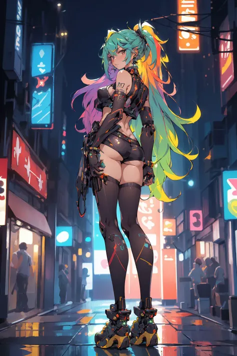 (masterpiece, best quality, high quality, highres, ultra-detailed), cyber sttyle girl, 1girl, solo, in nightclub ,bar, <lora:cyber_style_girl_v1:0.8>,bare shoulders, mecha, cyberpunk, back,from behind,full body, BREAK, rainbow hair,long hair, <lora:RainbowHairV1:0.2>