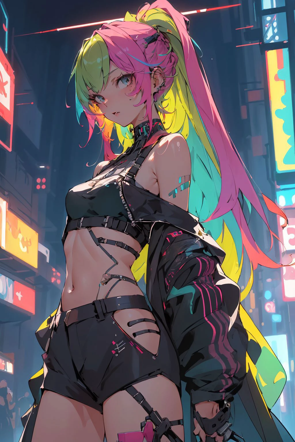 (masterpiece, best quality, high quality, highres, ultra-detailed), cyber sttyle girl, 1girl, solo, in nightclub ,bar, <lora:cyber_style_girl_v1:0.8>,bare shoulders, mecha, cyberpunk, BREAK, <lora:RainbowHairV1:0.5>, rainbow hair,(long hair)